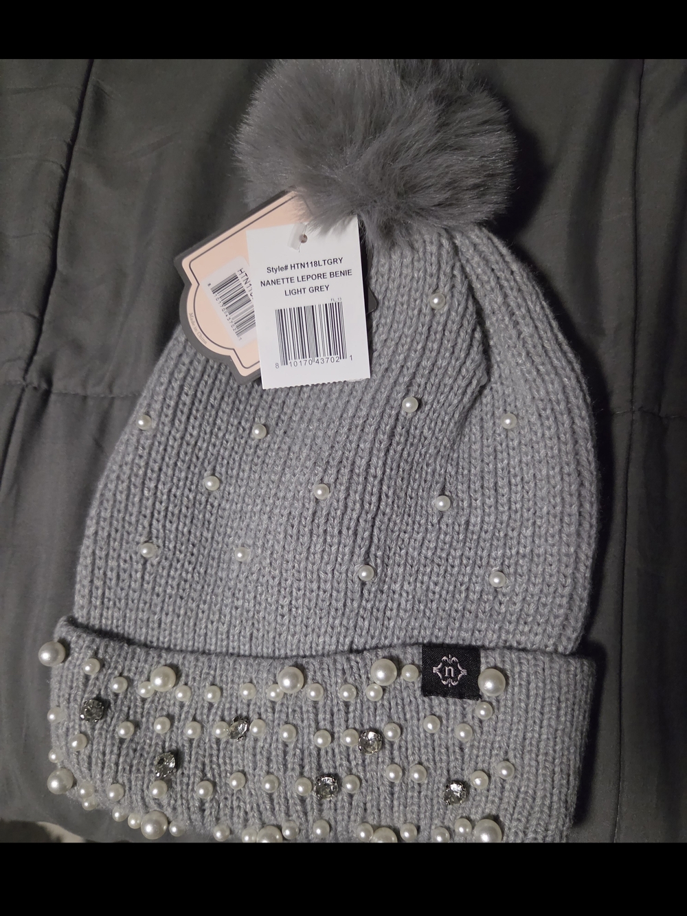 Nanette Lepore Light Grey Knit Beanie with Pearls & Pom Pom